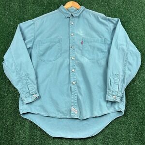 VTG Levi's Casual Button-Up Shirt Men's Teal L 100% Cotton Tab Long Sleeve 90s